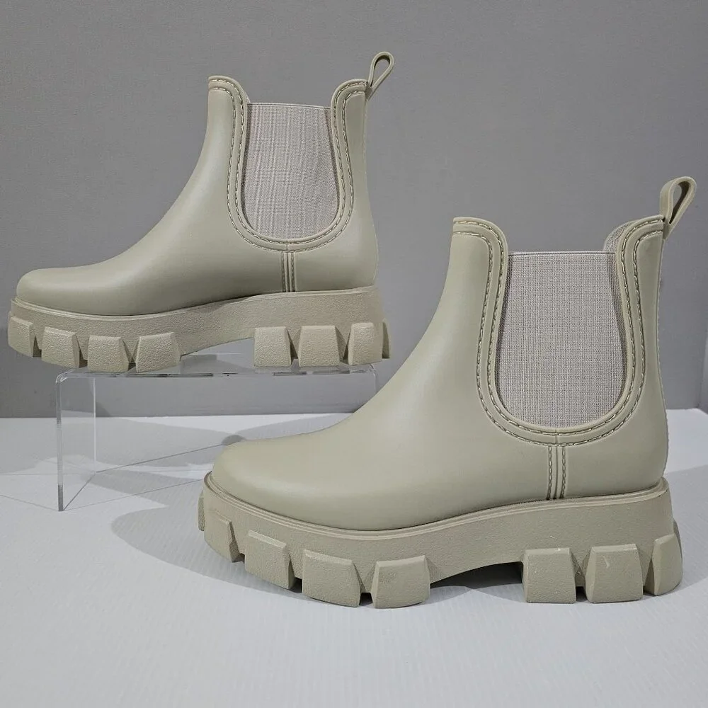 Jeffrey Campbell Play Pleu Rain Boot Womens 9 Cream Platform Chelsea Lug Sole